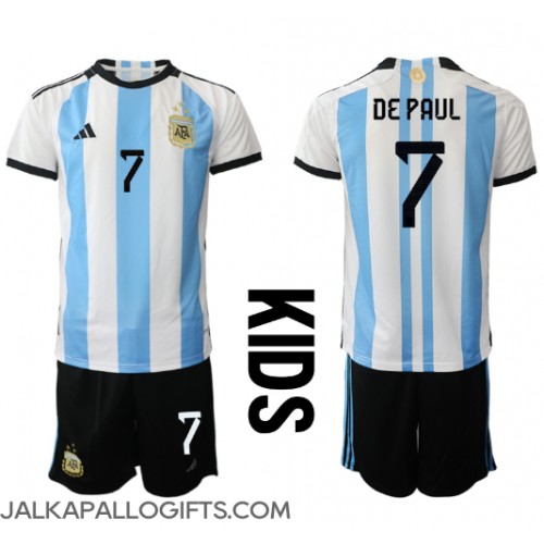 Argentiina Rodrigo de Paul #7 Koti Peliasu Lasten MM-kisat 2022 Lyhythihainen (+ Lyhyet housut)